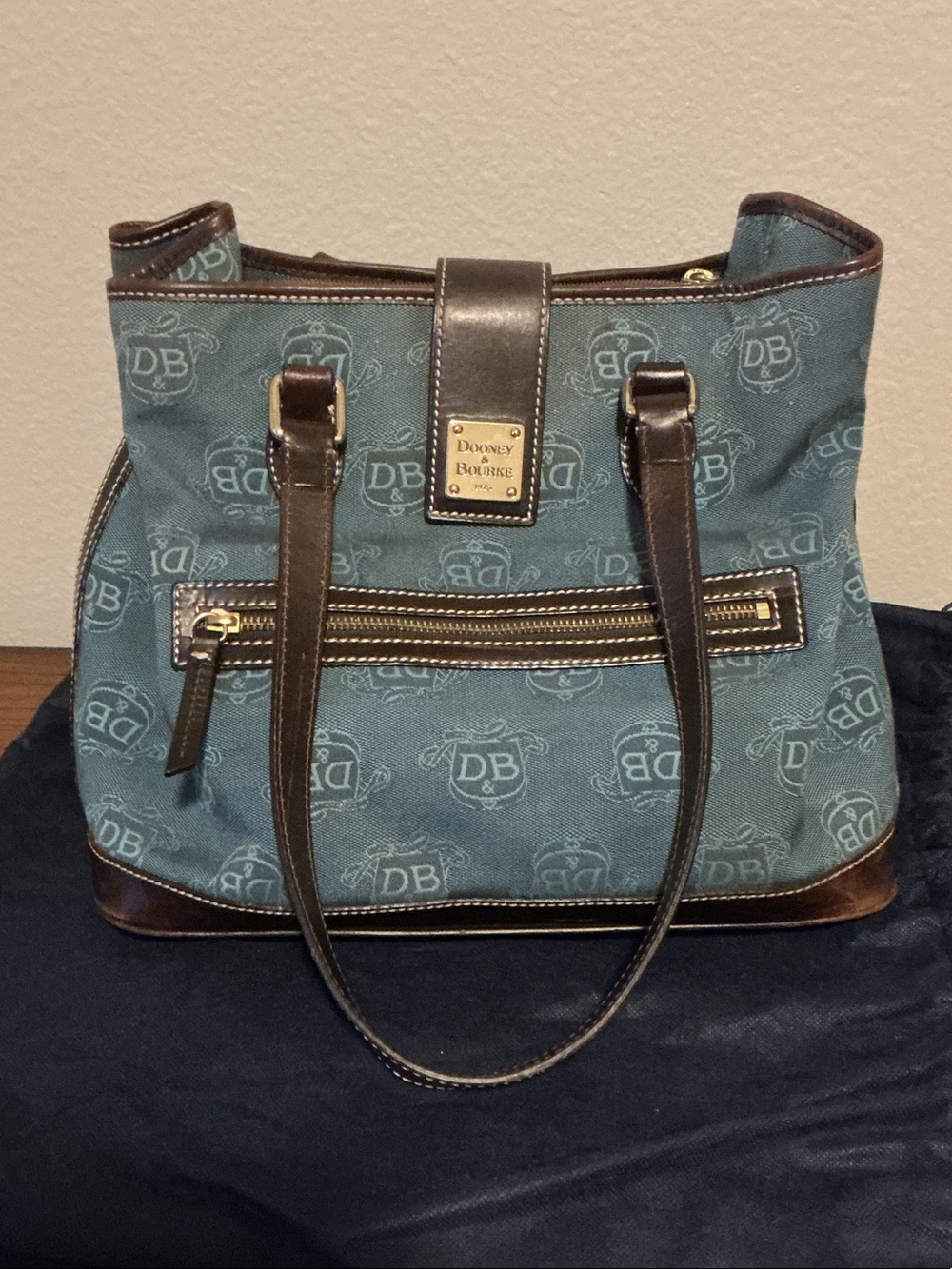 Dooney & Bourke Denim Blue Logo Shoulder Bag with Brown Leather Trim